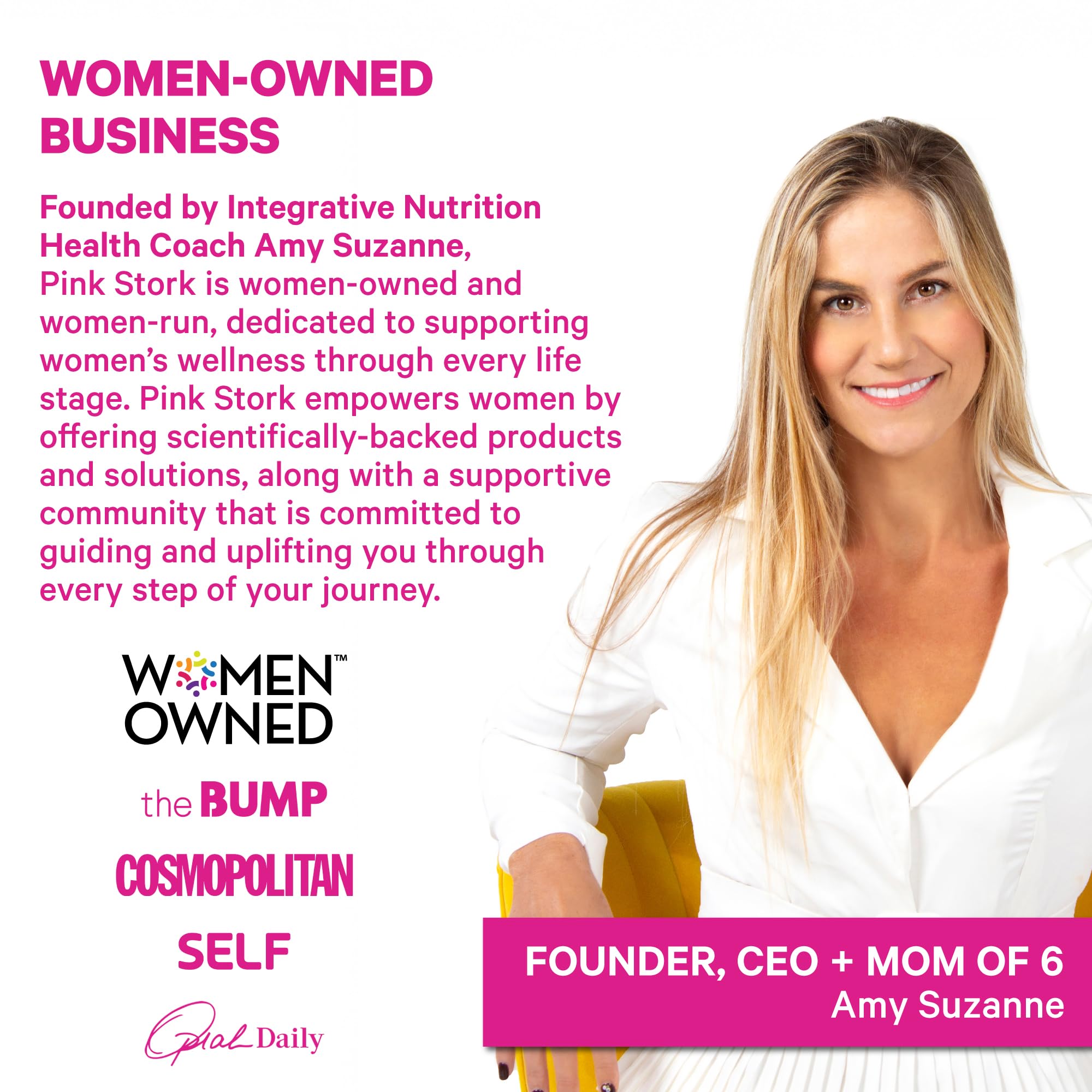 Pink Stork Total Postnatal clean-label packaging communicates non-GMO and dairy-free.