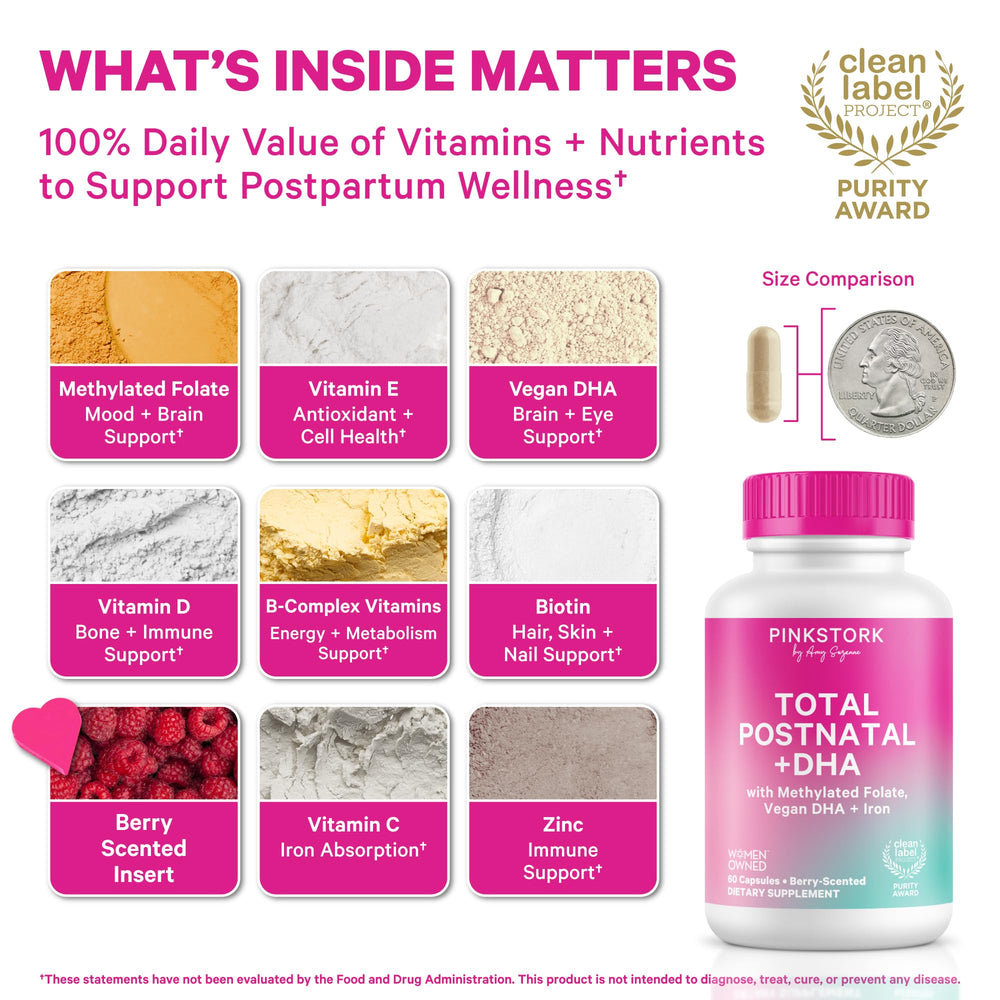 Pink Stork Total Postnatal two-capsule ritual shown for easy daily routine.