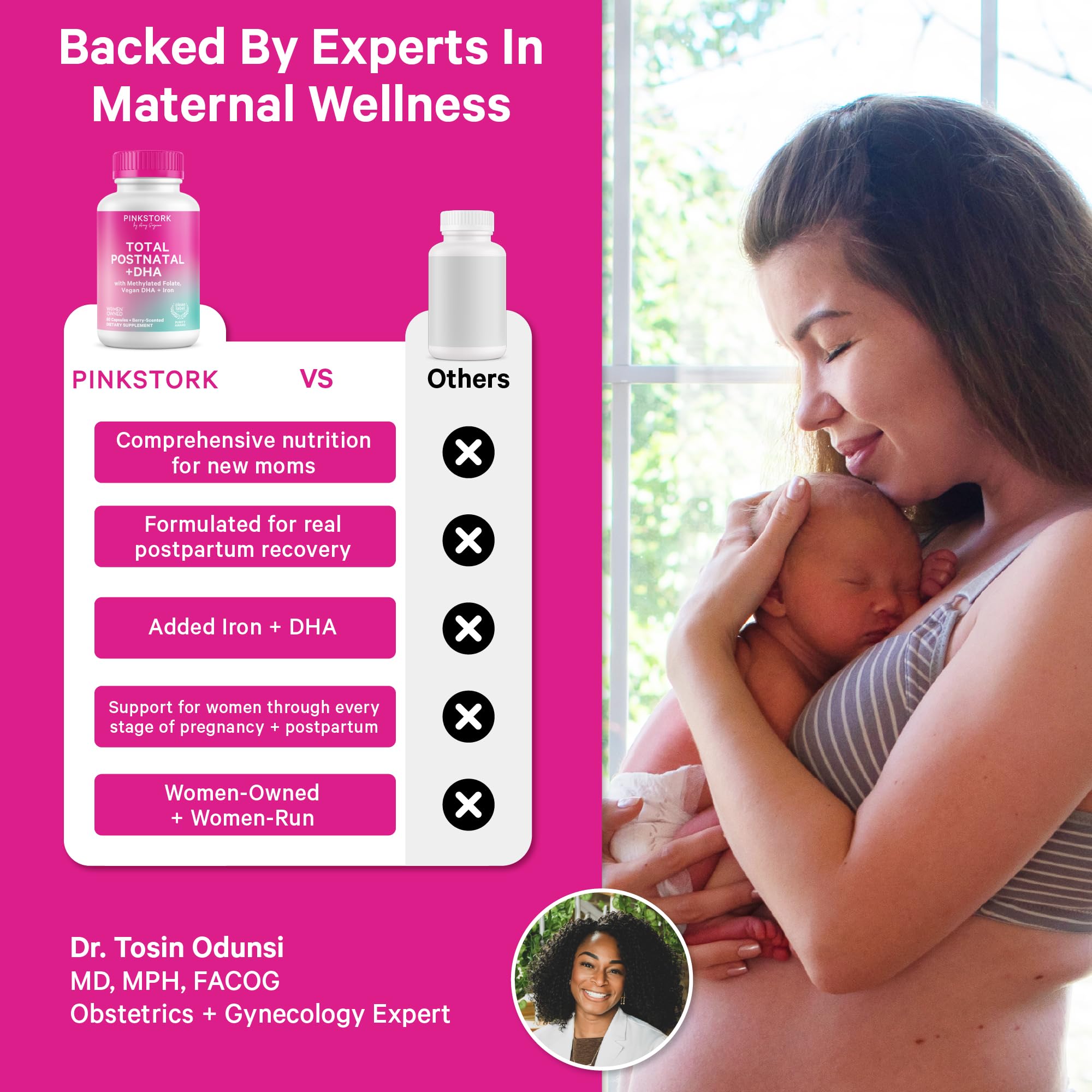 Pink Stork Total Postnatal vegan DHA capsule highlights omega-3 support.