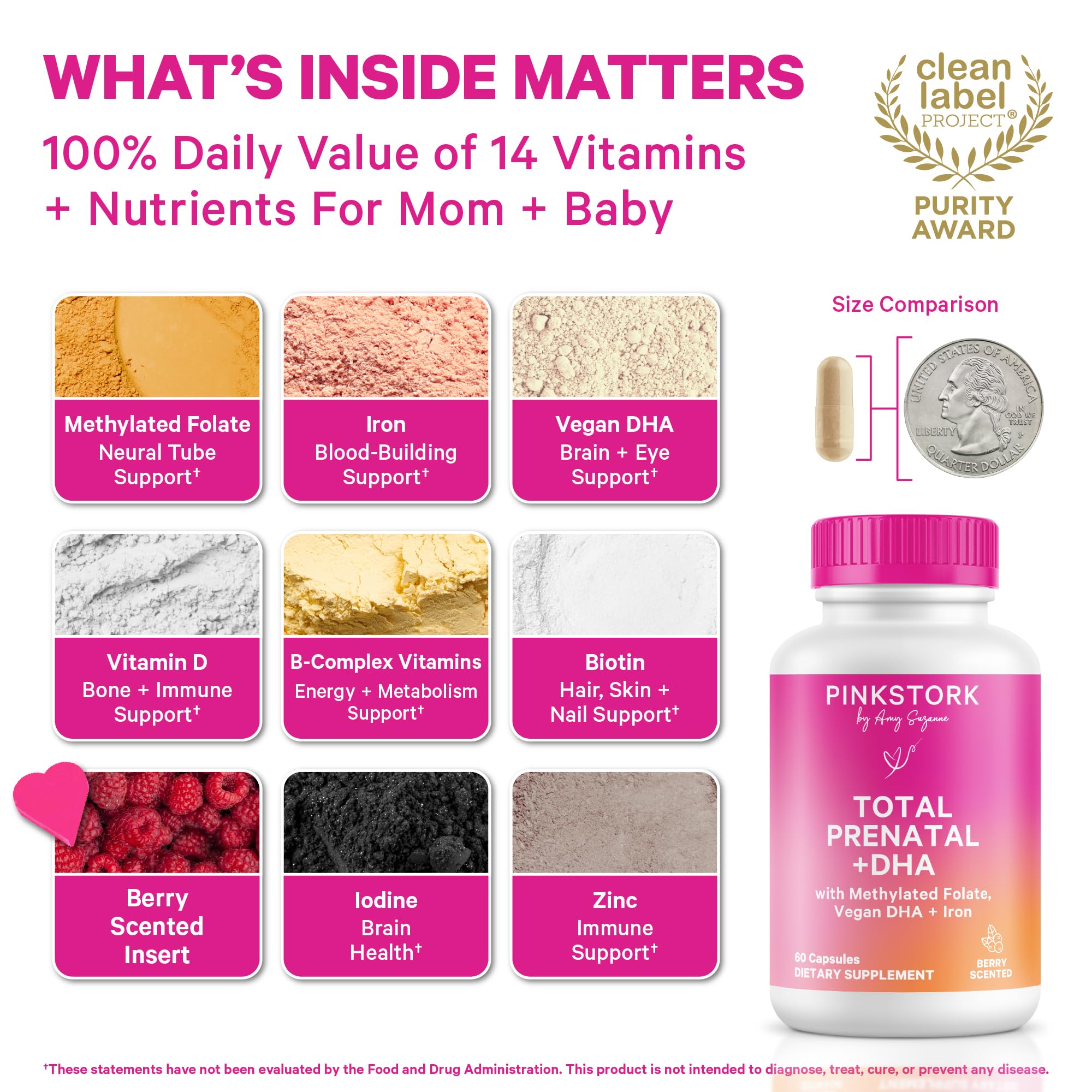 Pink Stork Total Prenatal capsules close-up showing DHA and folate