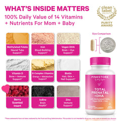 Pink Stork Total Prenatal capsules close-up showing DHA and folate