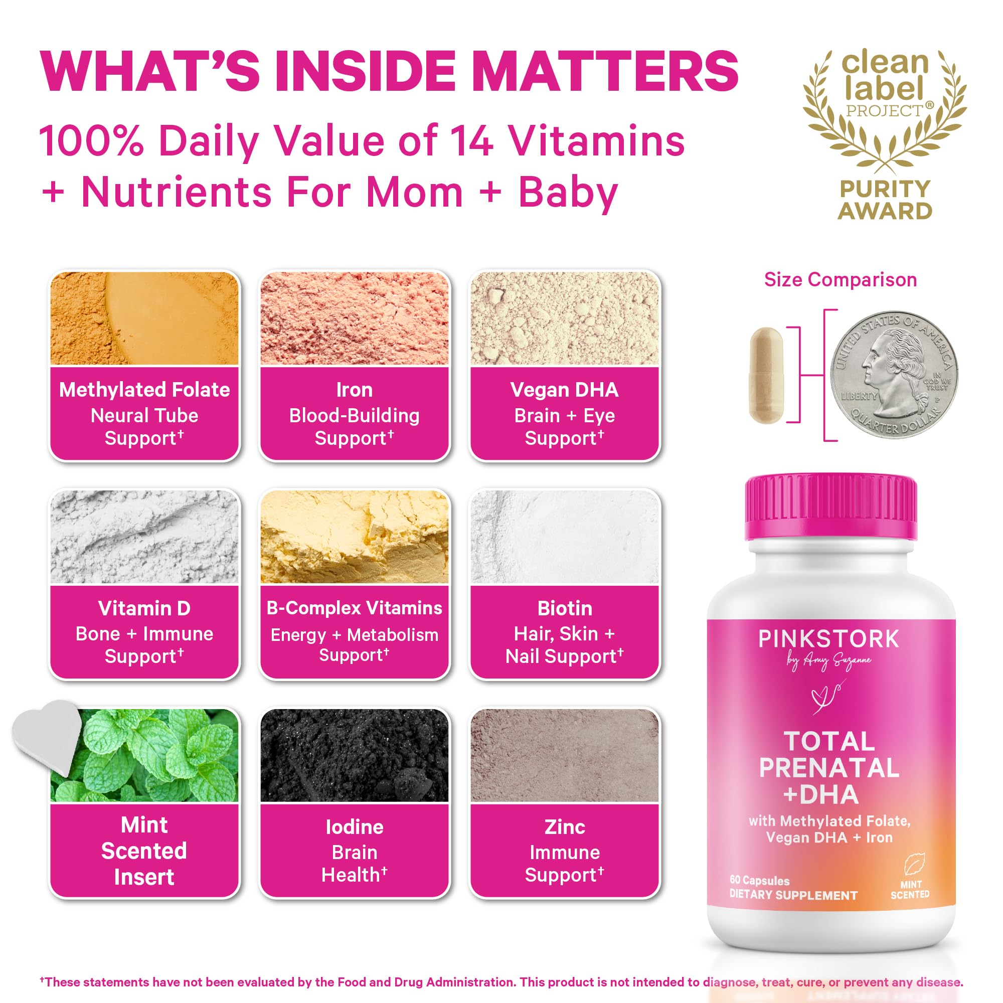 Pink Stork Total Prenatal with DHA highlights 200 mg DHA for brain and eye development support.
