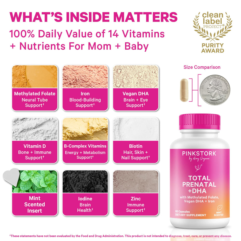 Pink Stork Total Prenatal with DHA highlights 200 mg DHA for brain and eye development support.