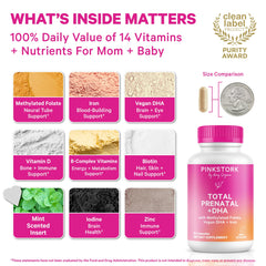 Pink Stork Total Prenatal with DHA highlights 200 mg DHA for brain and eye development support.