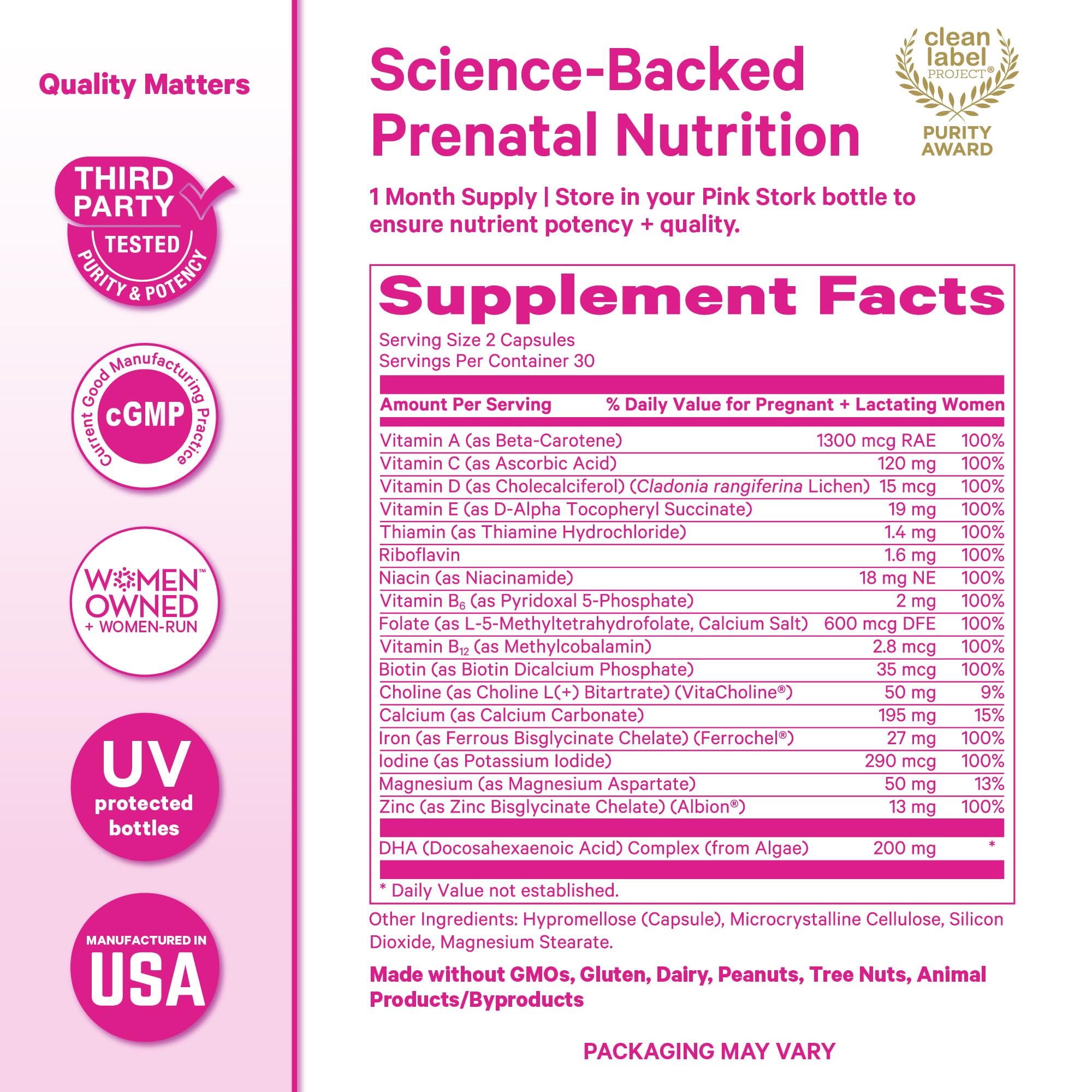 Pink Stork Total Prenatal DHA omega-3 capsule close-up highlighting DHA
