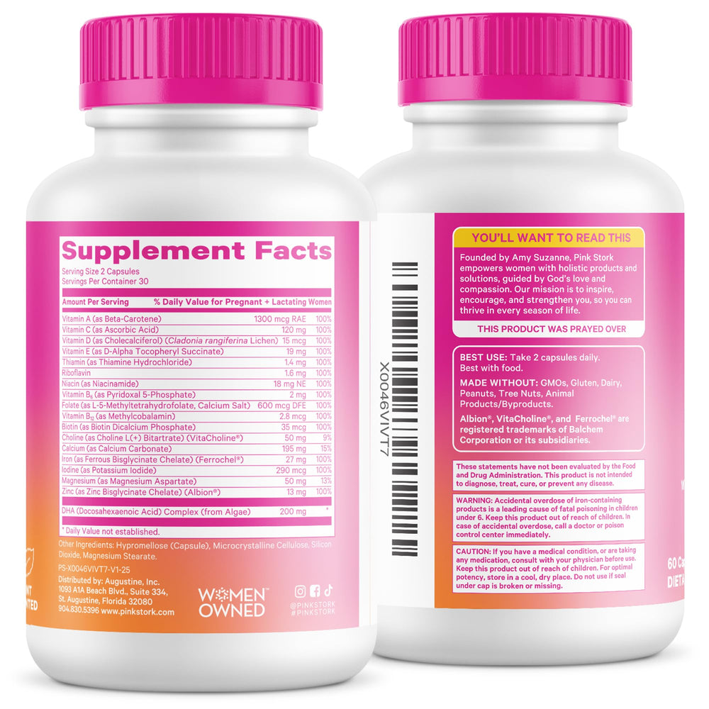 Pink Stork Total Prenatal bottle highlighting DHA omega-3 for pregnancy wellness.