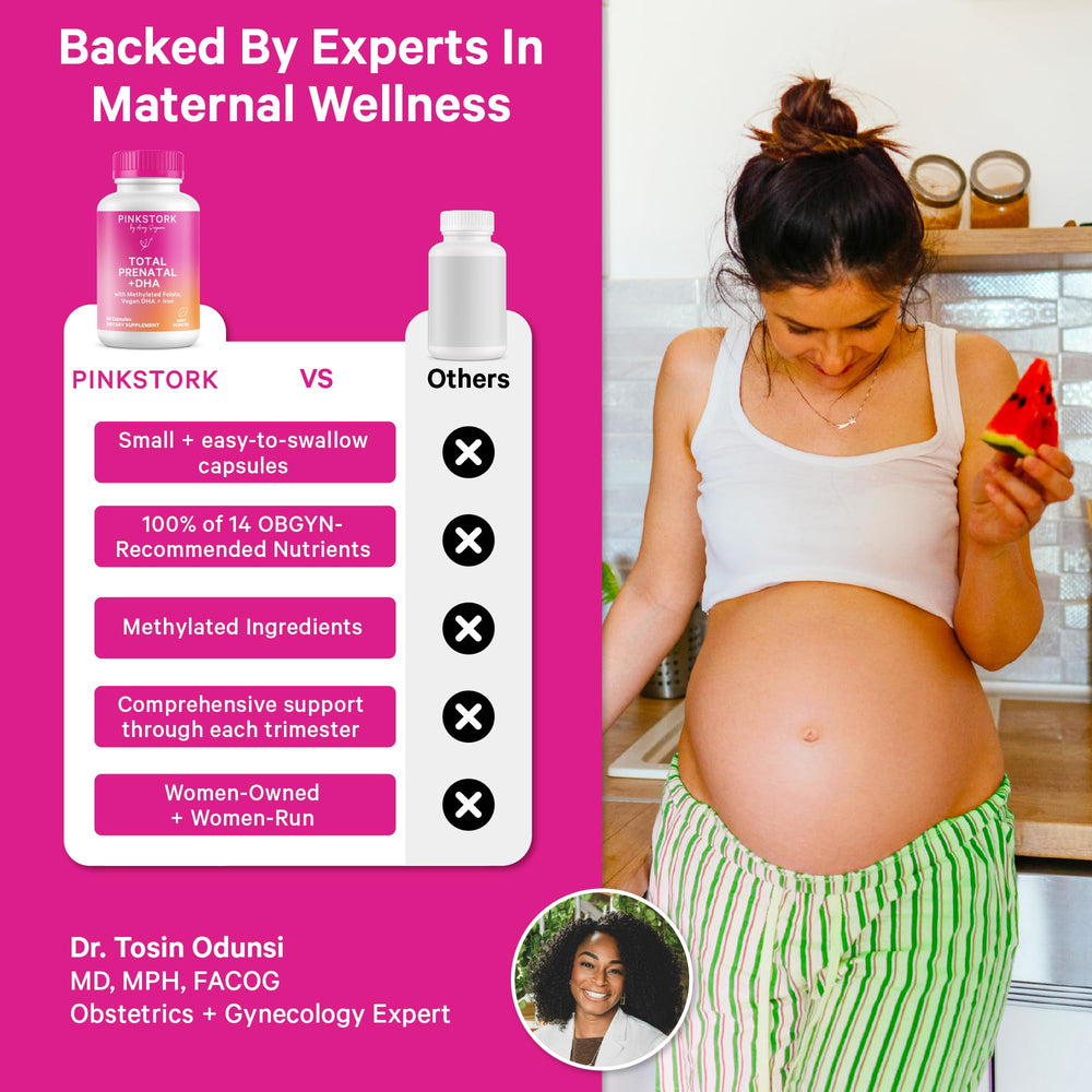 Pink Stork Total Prenatal label emphasizes methylated folate (5-MTHF) for bioavailable folate.