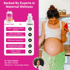 Pink Stork Total Prenatal label emphasizes methylated folate (5-MTHF) for bioavailable folate.