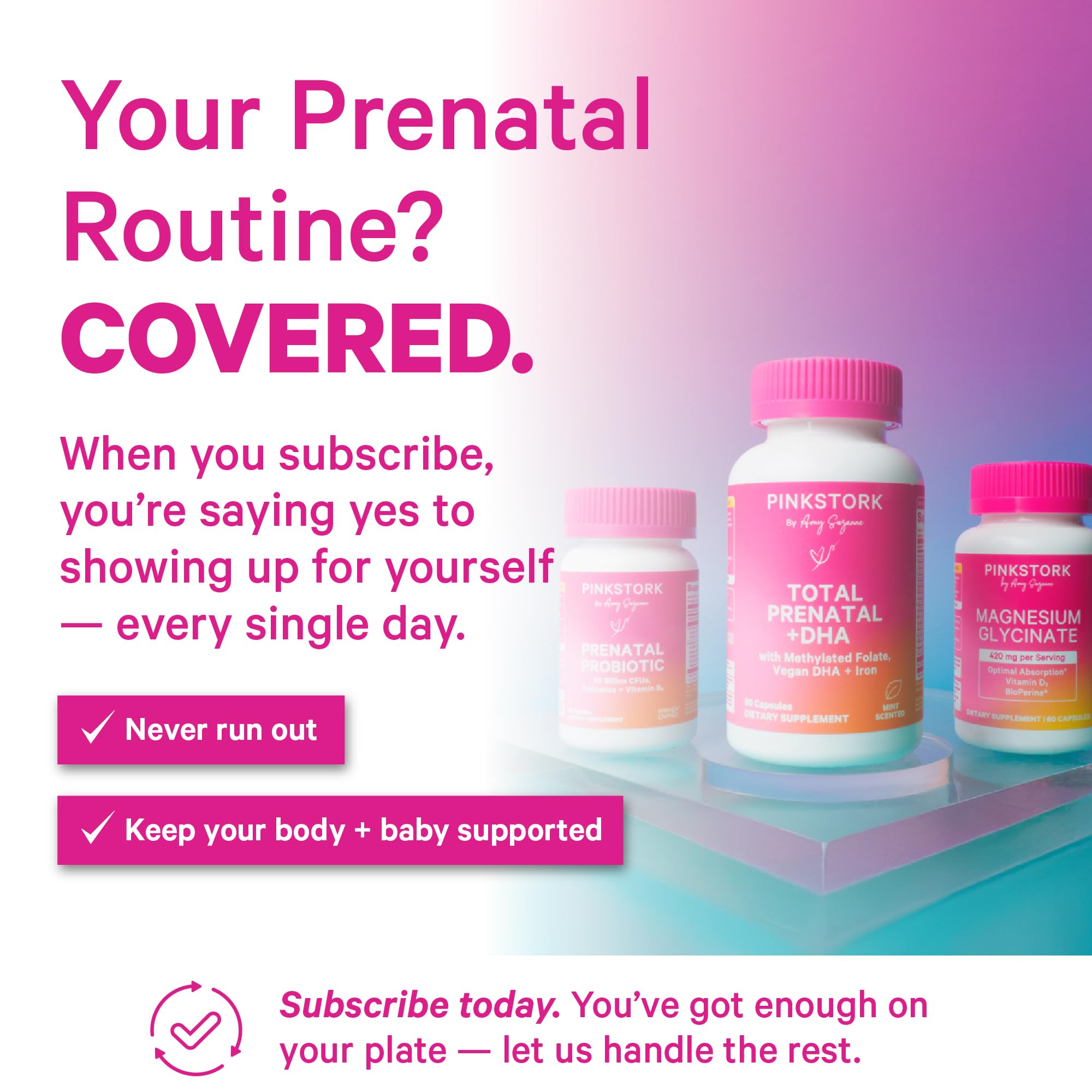 Pink Stork Total Prenatal serving pair shows two small capsules for daily use.