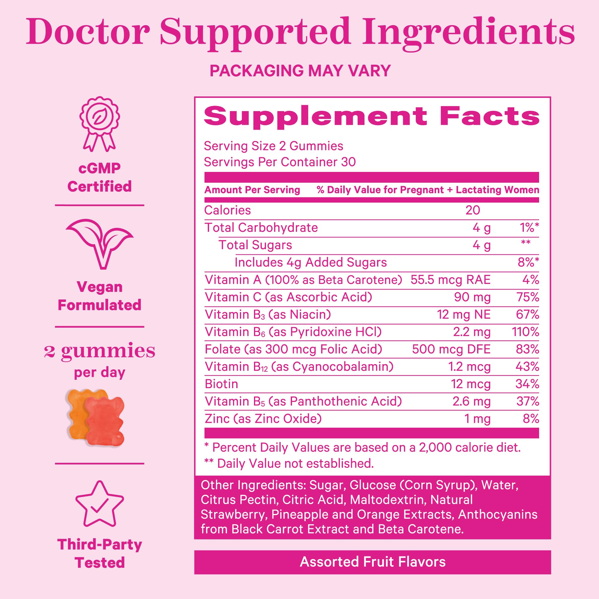 Pink Stork vegan non-GMO gummies label indicating clean ingredients.