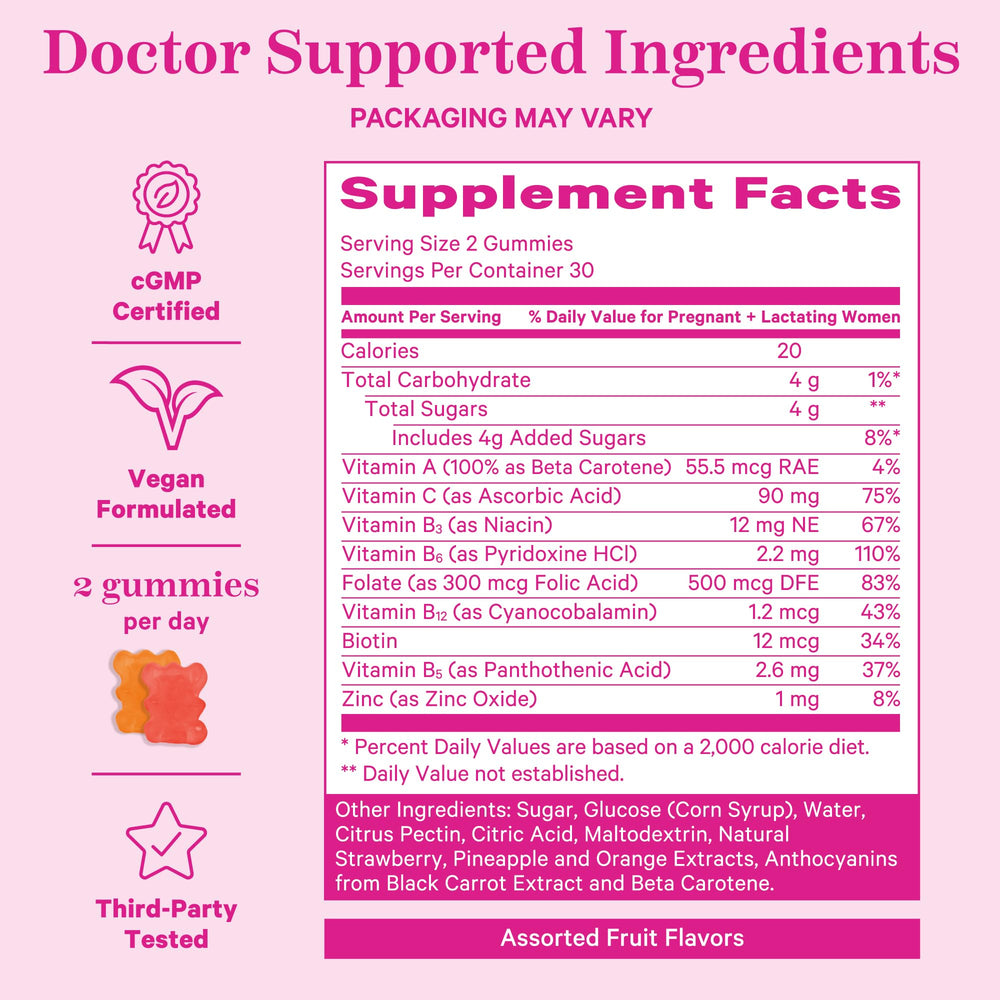 Pink Stork vegan non-GMO gummies label indicating clean ingredients.