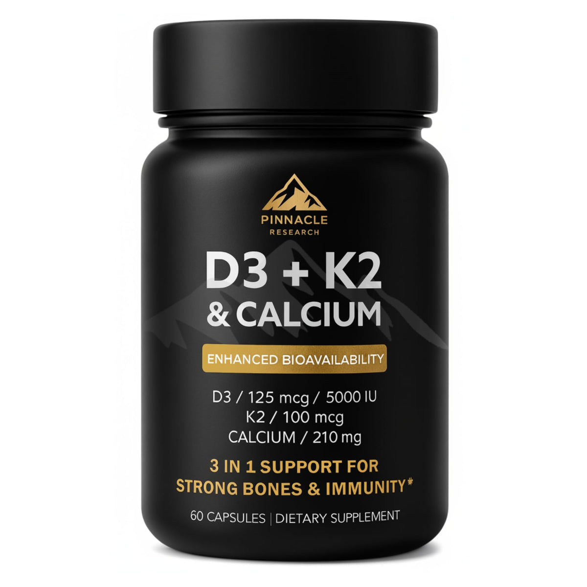 Pinnacle Research Vitamin D3 + K2 bottle front view supports bone and heart health