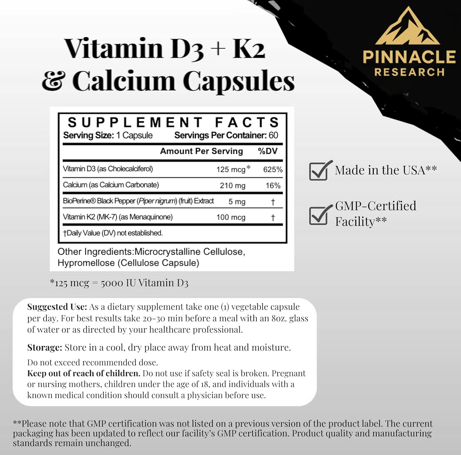 Pinnacle Research Vitamin D3 + K2 bottle with glass for daily use