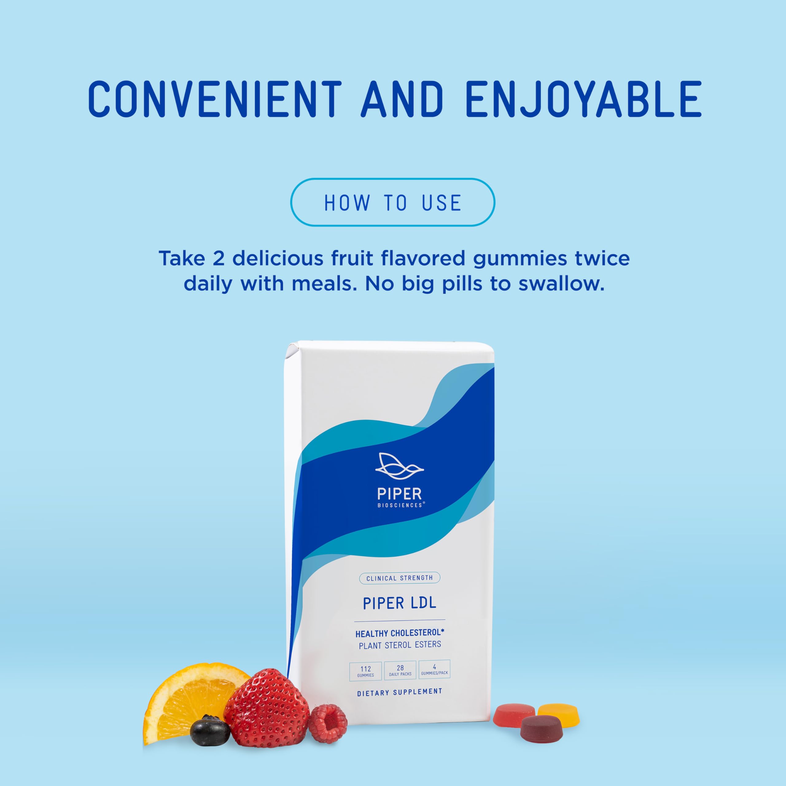 Piper Biosciences strawberry-flavor gummies close-up, convenient plant sterols.