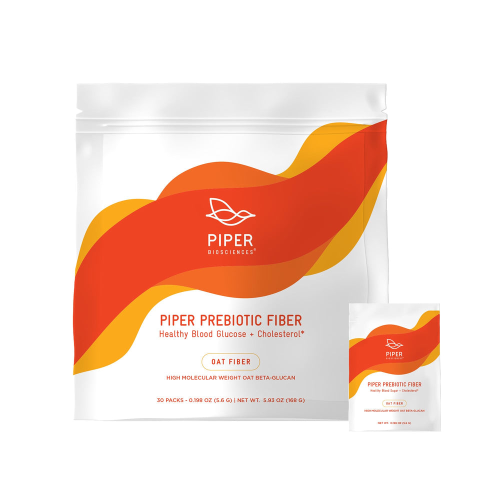 Piper Biosciences Piper Prebiotic Fiber oat bran pouch front view, convenient daily fiber option for regularity.