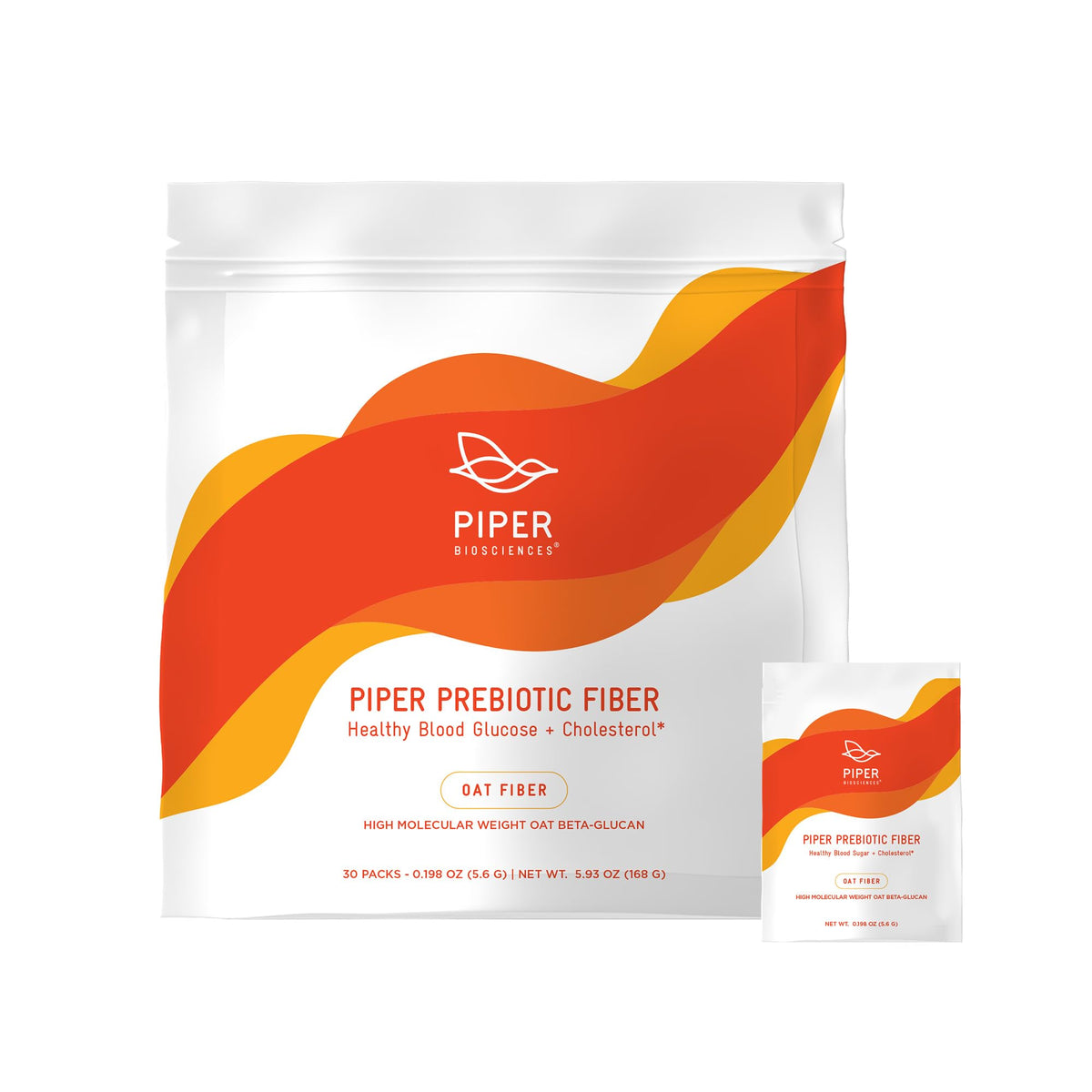 Piper Biosciences Piper Prebiotic Fiber oat bran pouch front view, convenient daily fiber option for regularity.