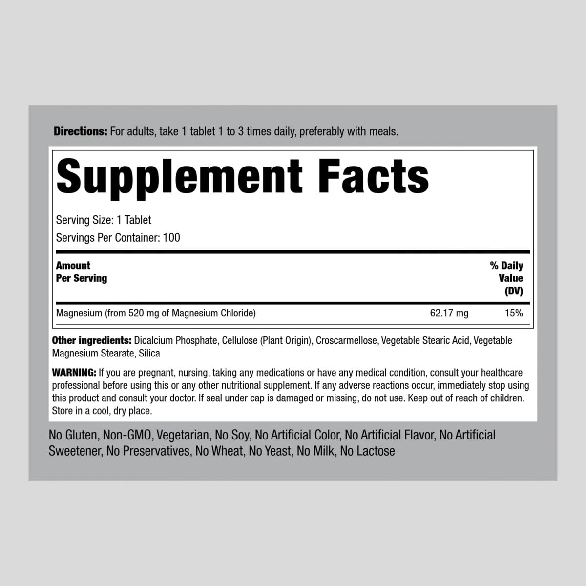 Piping Rock 100 tablets bottle highlighting per-pack magnesium chloride availability.