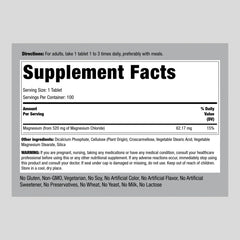 Piping Rock 100 tablets bottle highlighting per-pack magnesium chloride availability.