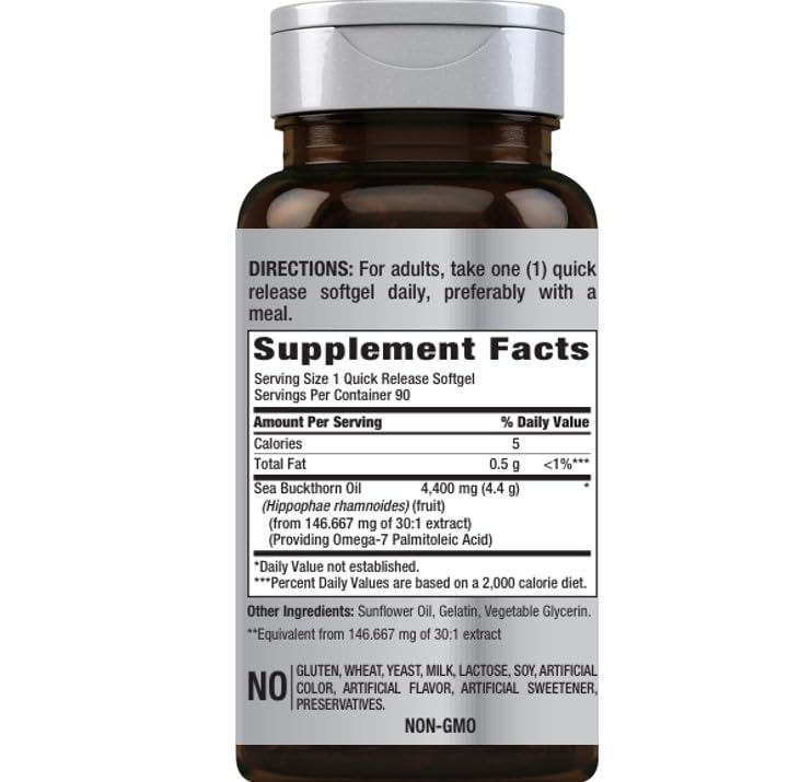 Product label highlights 4400mg per serving on Piping Rock sea buckthorn capsules.