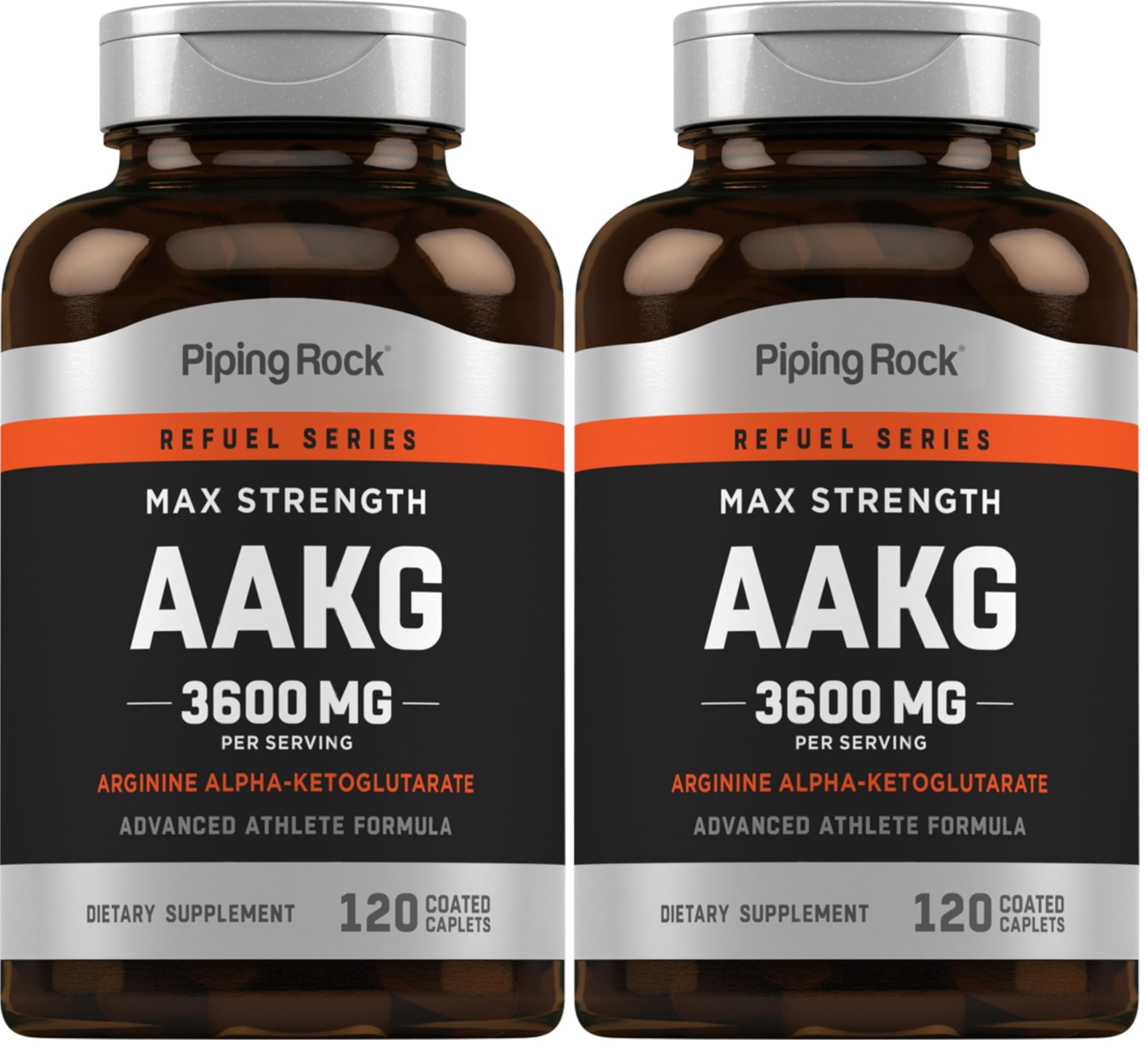 Piping Rock AAKG bottle front highlighting 3600 mg per serving for athletic use
