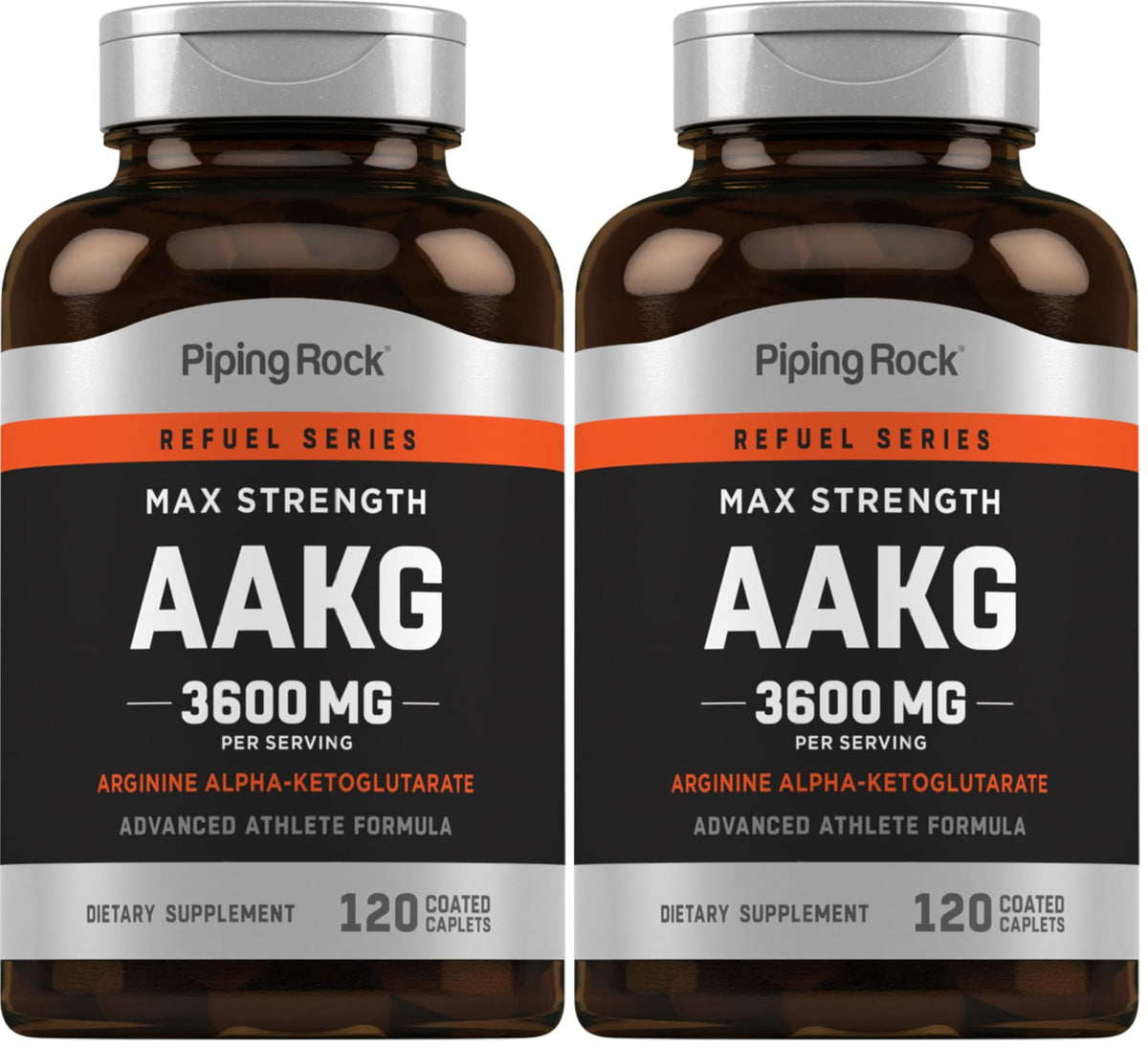 Piping Rock AAKG bottle front highlighting 3600 mg per serving for athletic use