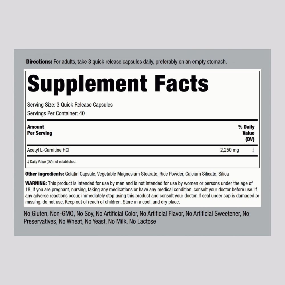 Piping Rock Acetyl L-Carnitine HCl 2250mg bottle label highlights non-GMO gluten-free formula