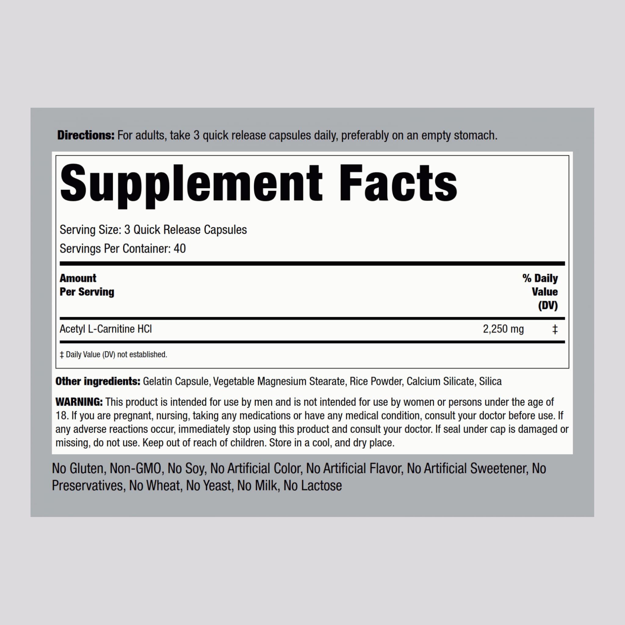 Piping Rock Acetyl L-Carnitine HCL capsules close-up for easy swallowing