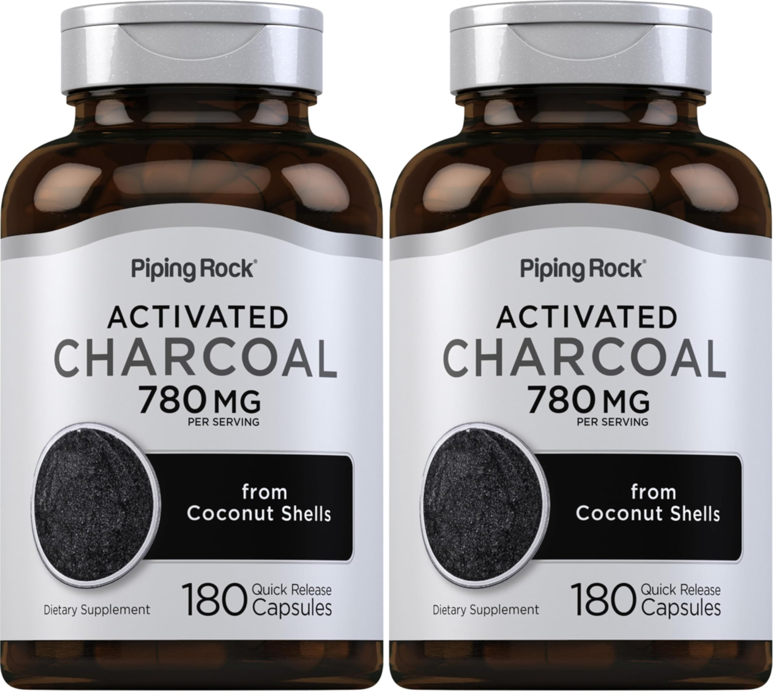 Piping Rock Activated Charcoal pills bottle for convenient digestion support.