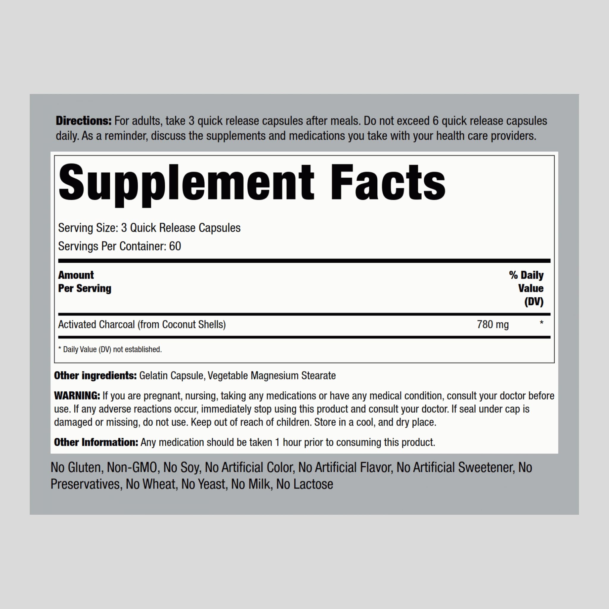 Piping Rock charcoal capsules close-up highlighting 780 mg potency.
