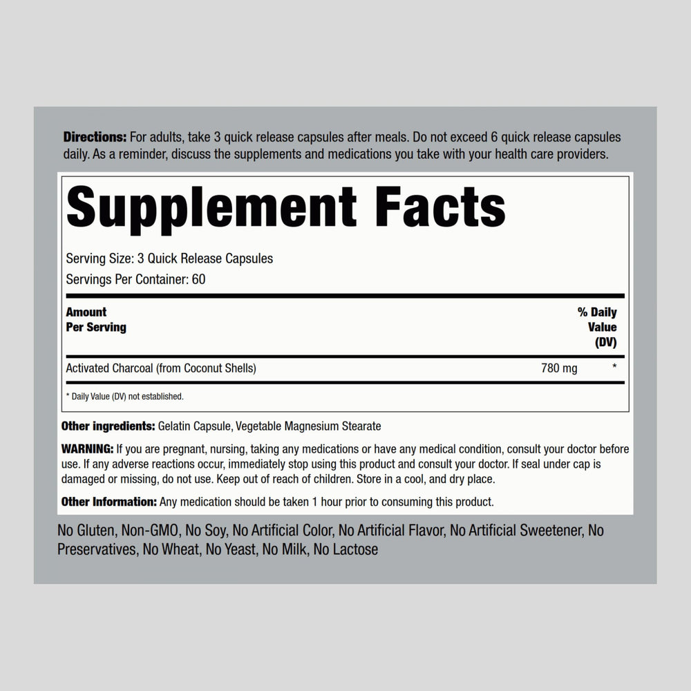 Piping Rock charcoal capsules close-up highlighting 780 mg potency.