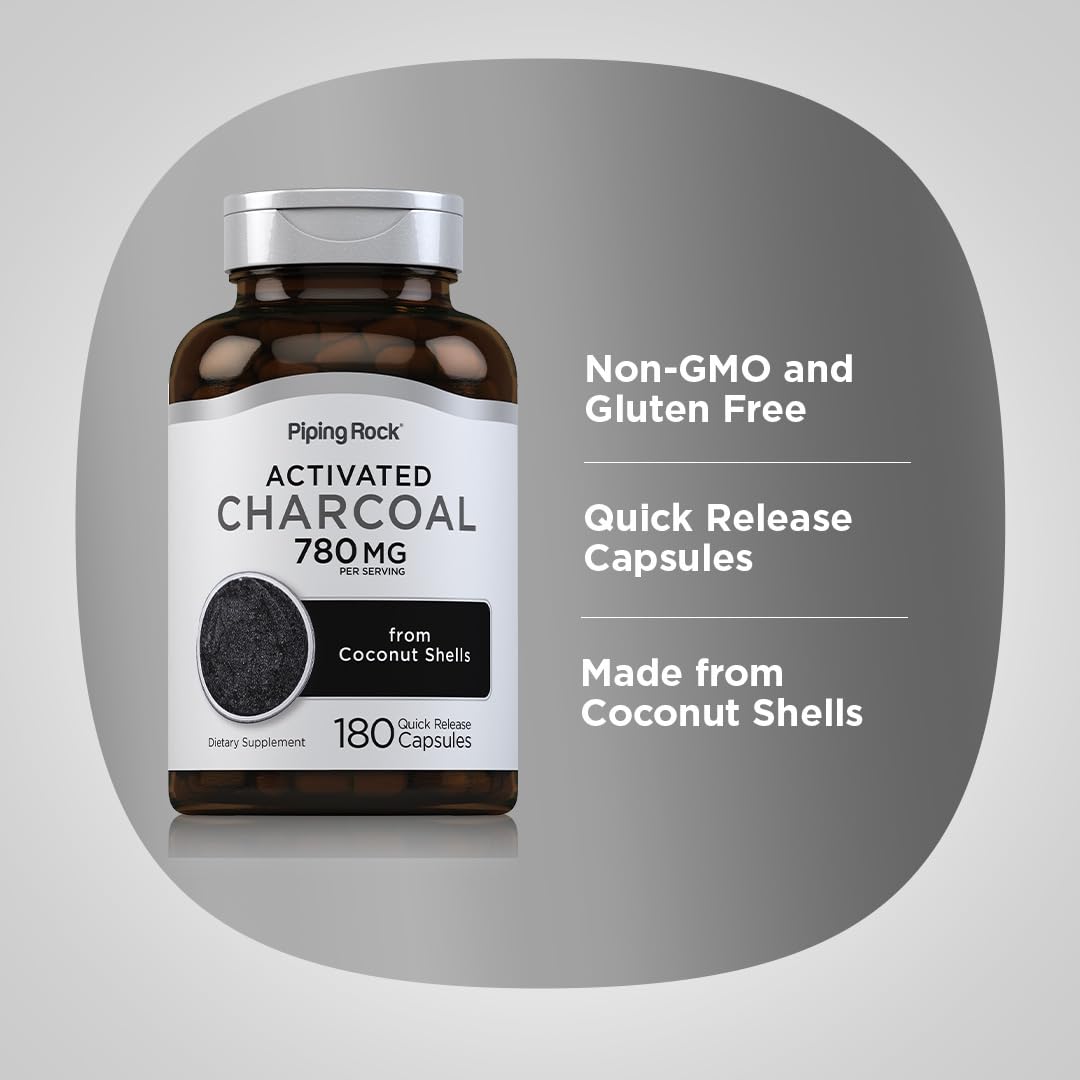 Piping Rock activated charcoal pack back with supplement facts.