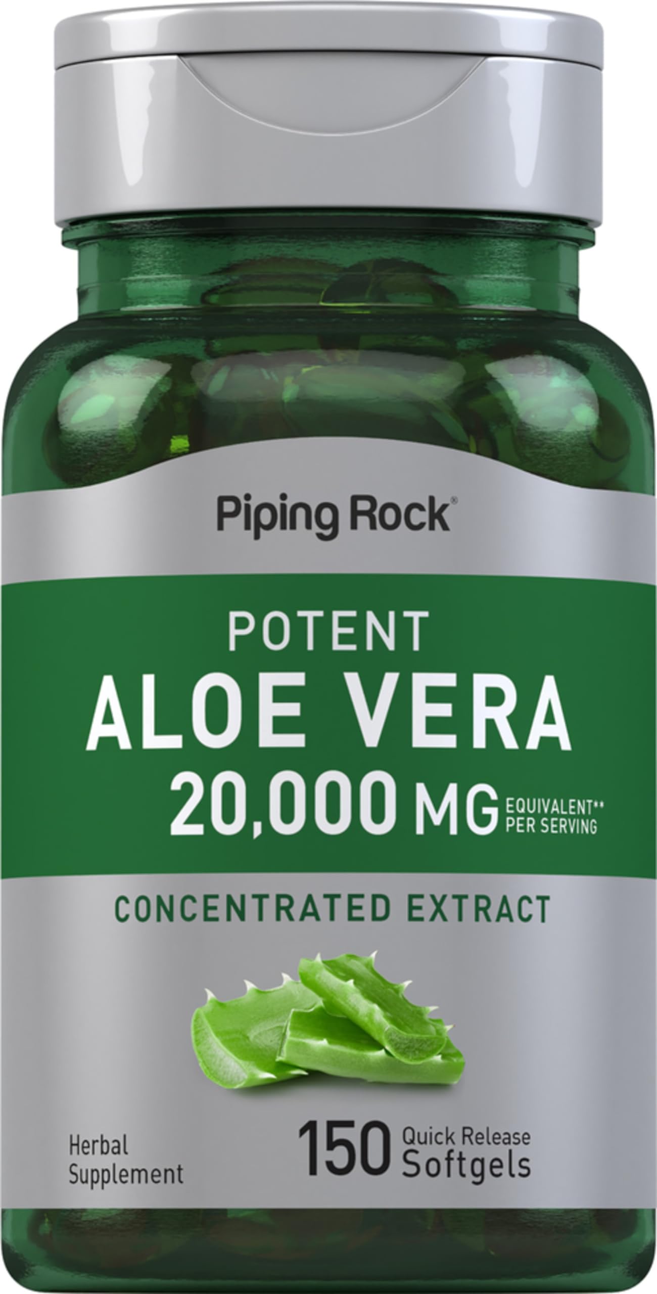 Piping Rock Aloe Vera Capsules bottle shows convenient softgels for daily use