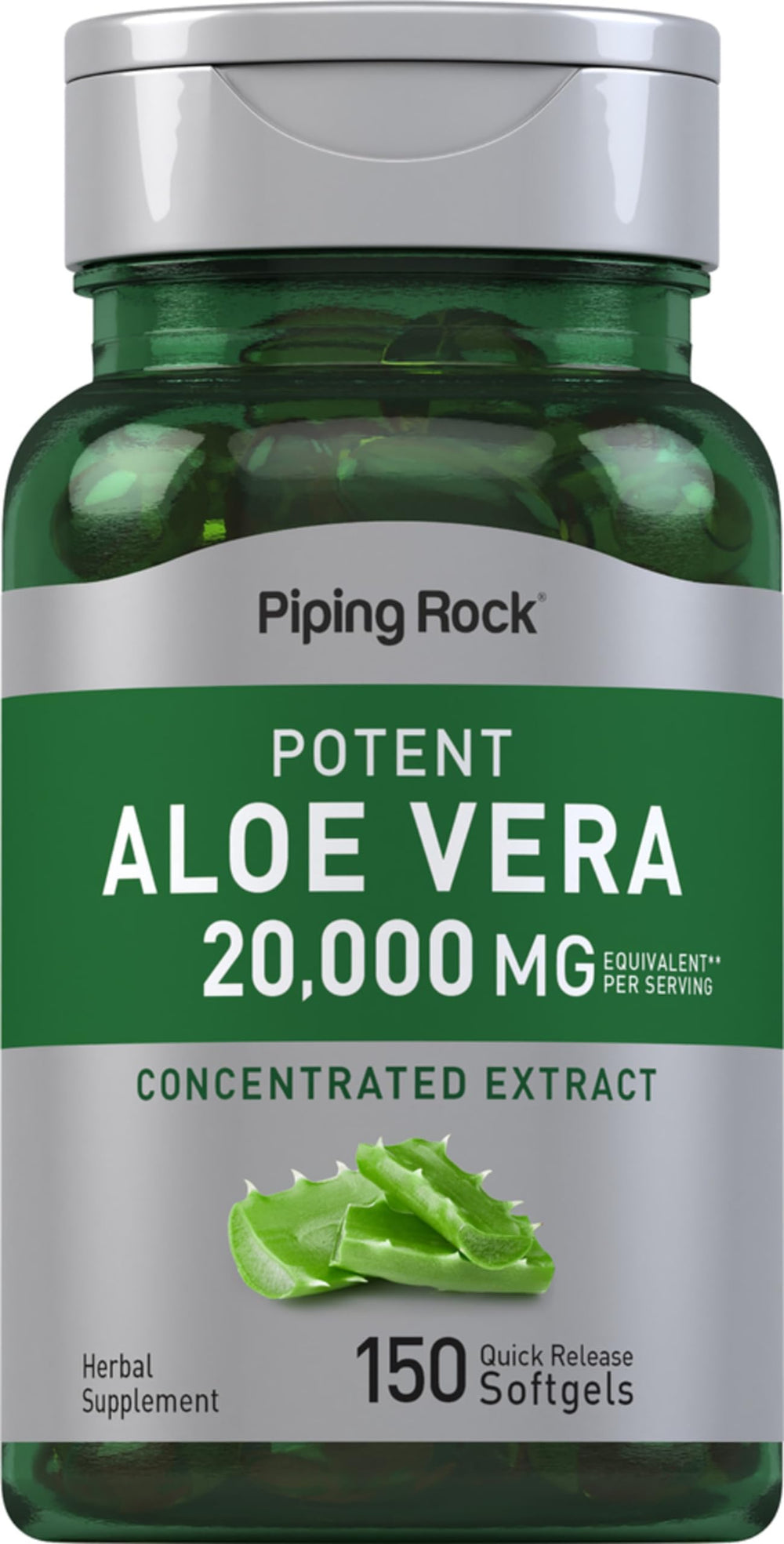 Piping Rock Aloe Vera Capsules bottle shows convenient softgels for daily use