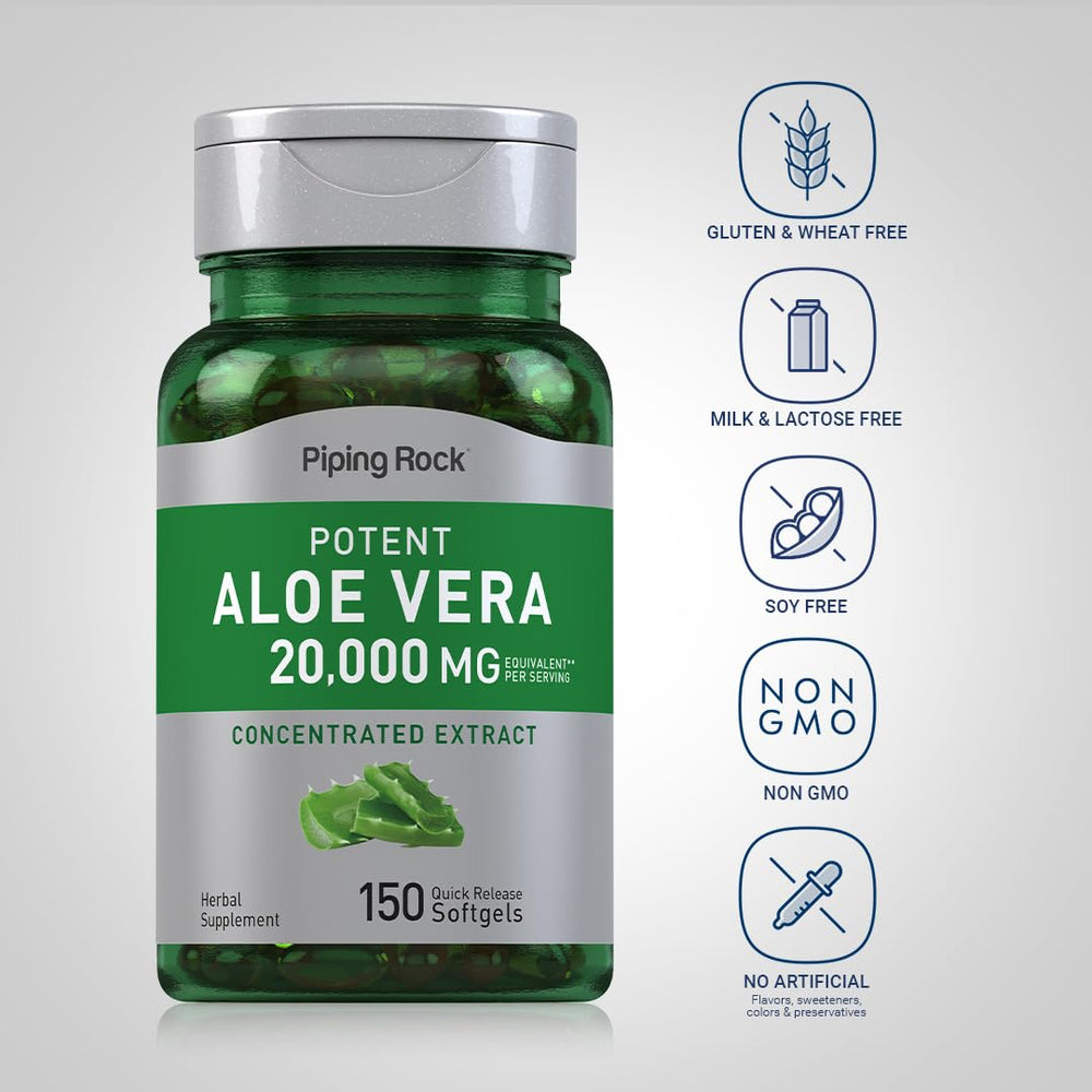 Piping Rock Aloe Vera Capsules label highlights non-GMO and gluten-free formula