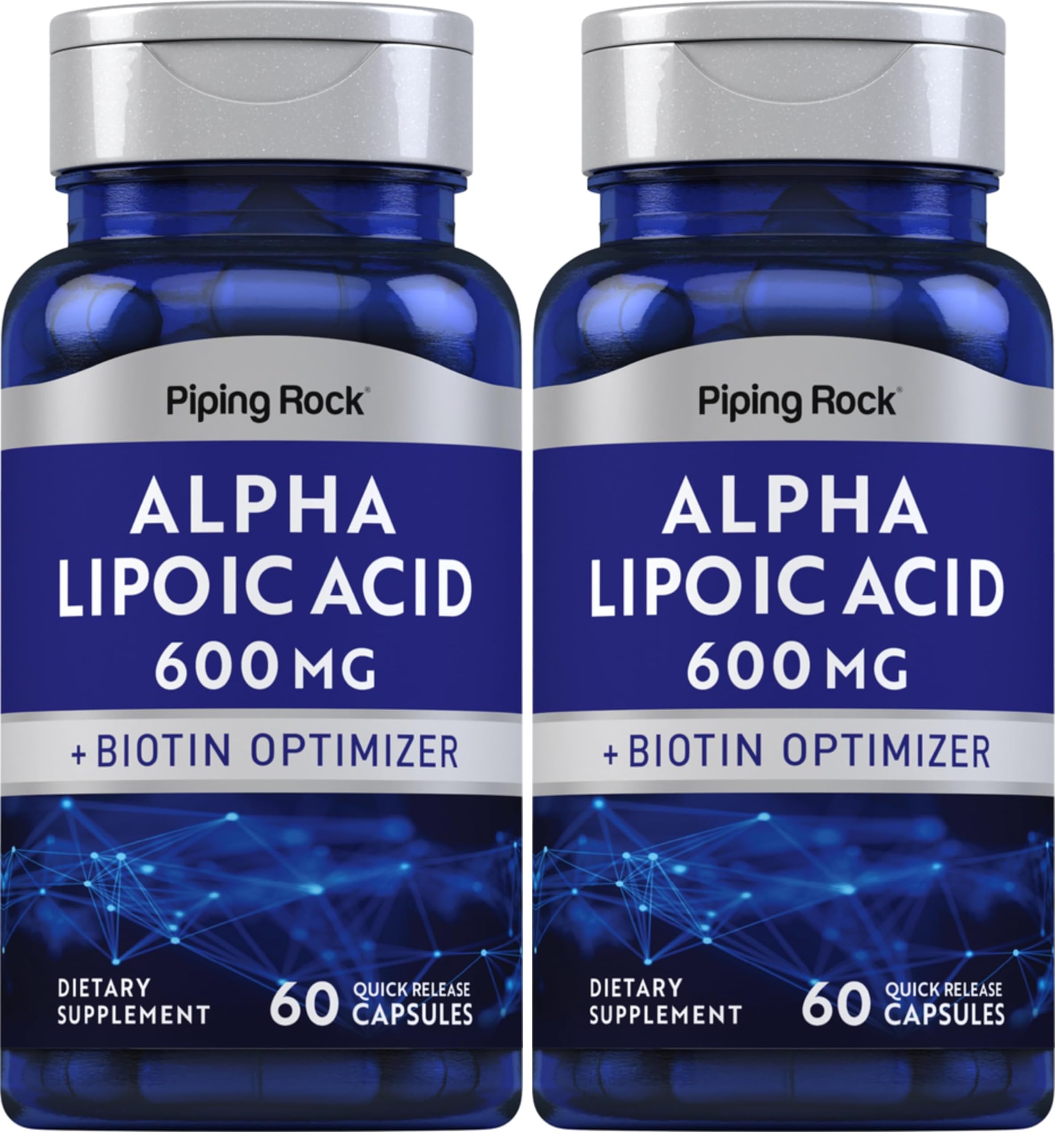 Piping Rock Alpha Lipoic Acid 600mg bottle with quick-release capsules for daily use.