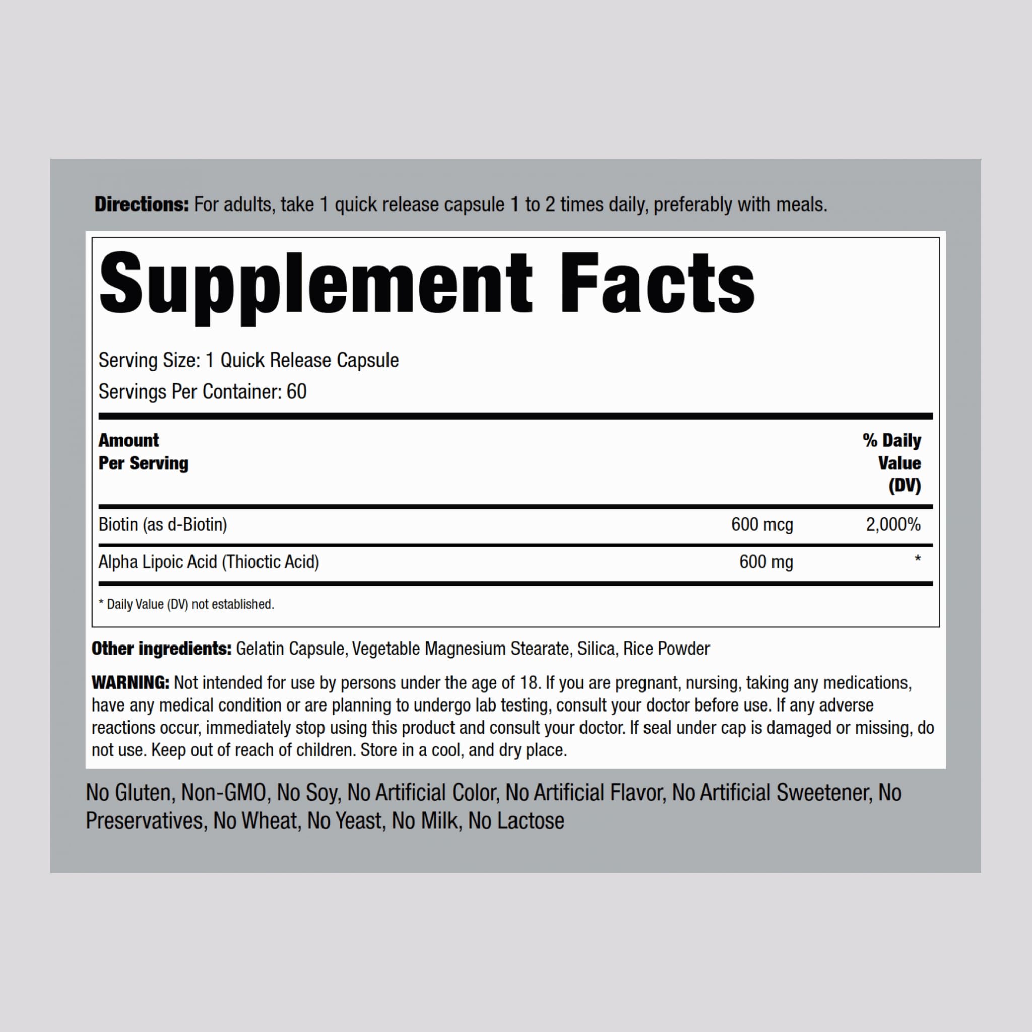 Piping Rock Alpha Lipoic Acid 600mg capsules featuring Biotin Optimizer.