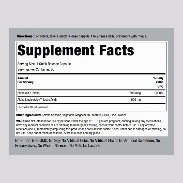 Piping Rock Alpha Lipoic Acid 600mg capsules featuring Biotin Optimizer.