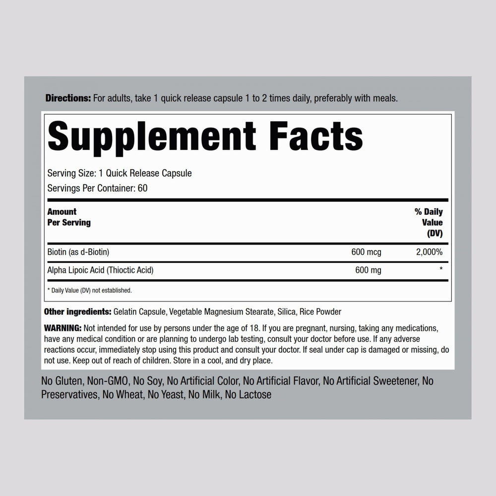 Piping Rock Alpha Lipoic Acid 600mg capsules featuring Biotin Optimizer.