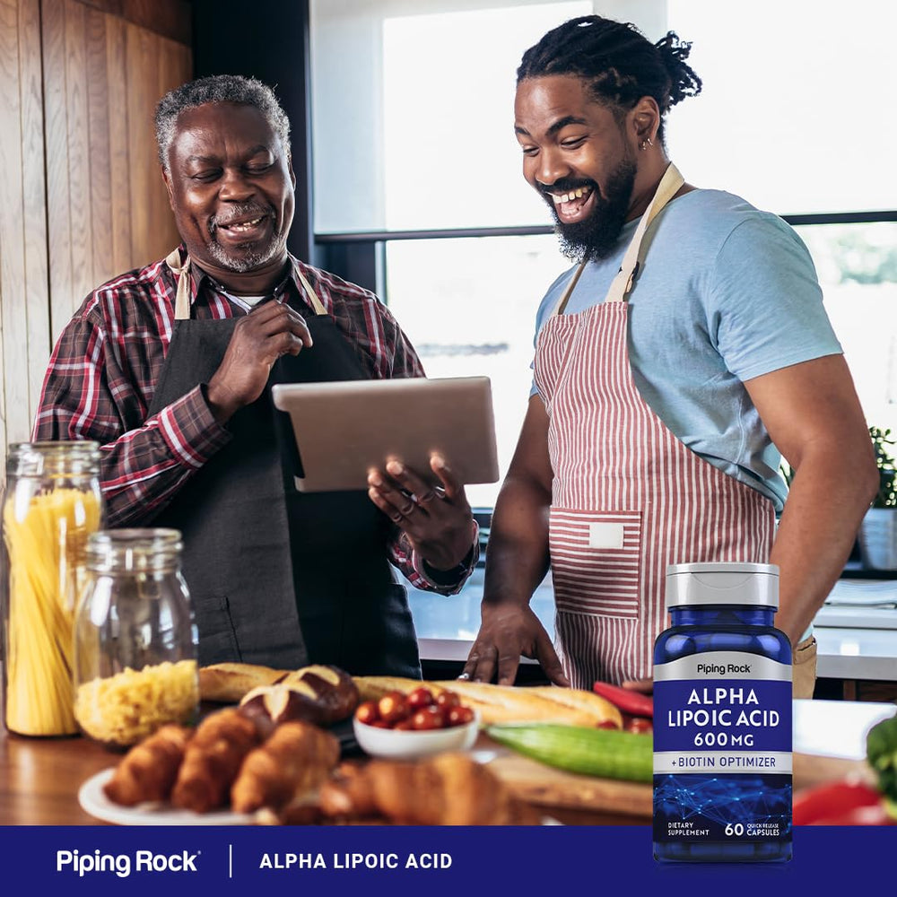 Piping Rock Alpha Lipoic Acid 600mg inset hero emphasizes Biotin Optimizer.
