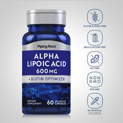 Piping Rock Alpha Lipoic Acid 600mg label closeup shows Non-GMO and Gluten Free.