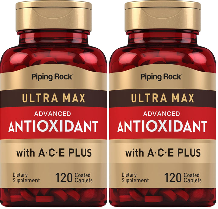 Piping Rock antioxidant caplets closeup with smooth coating for easy daily use