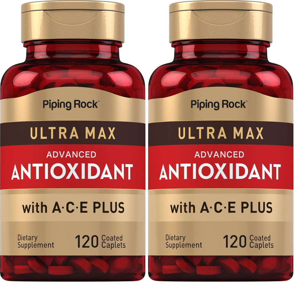 Piping Rock antioxidant caplets closeup with smooth coating for easy daily use