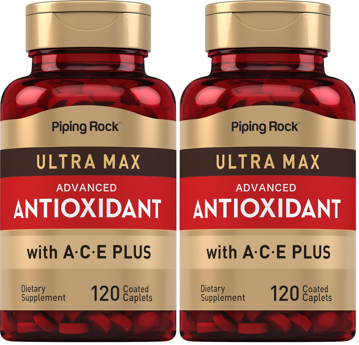 Piping Rock antioxidant caplets closeup with smooth coating for easy daily use