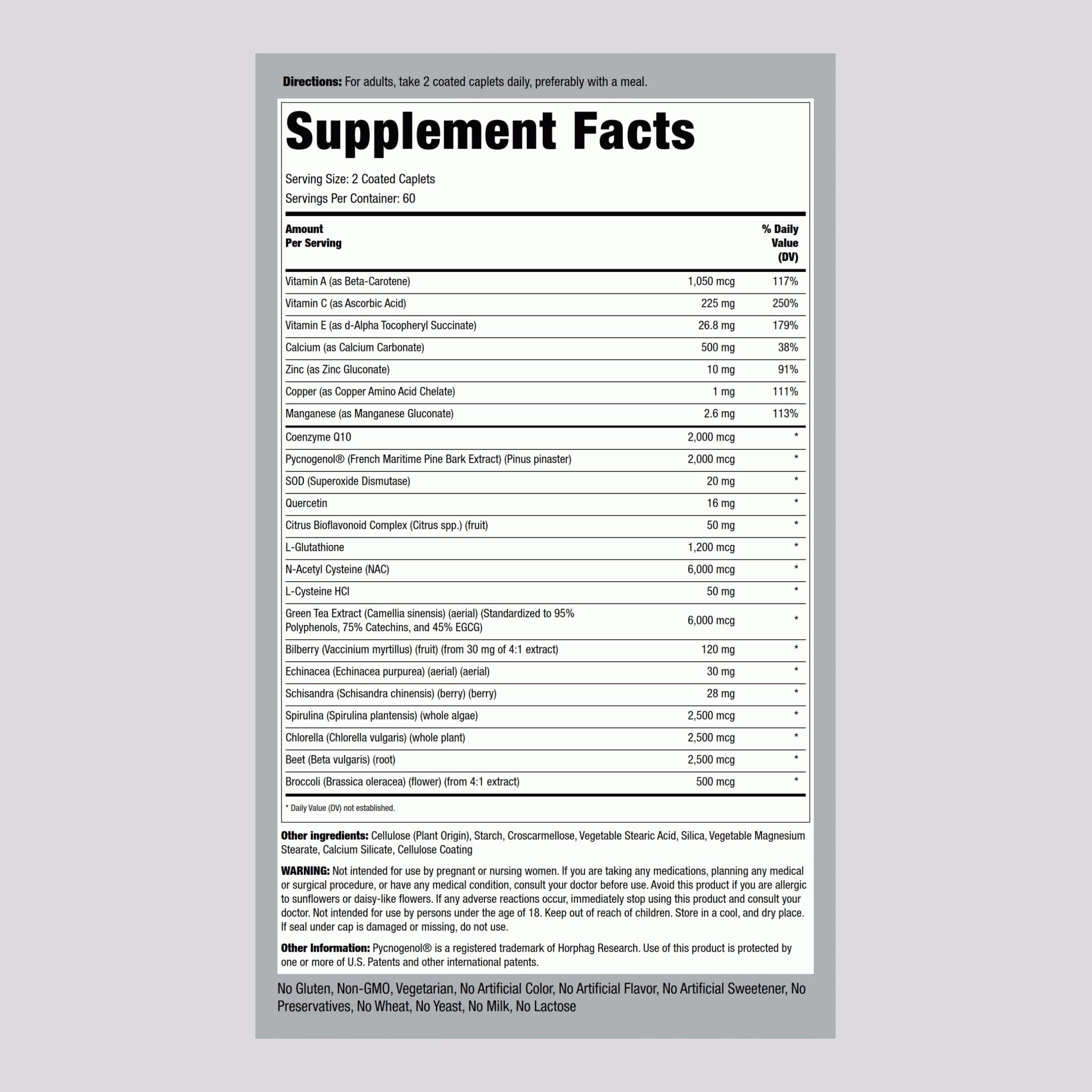 Piping Rock antioxidant supplements bottle front showing packaging and non-GMO label
