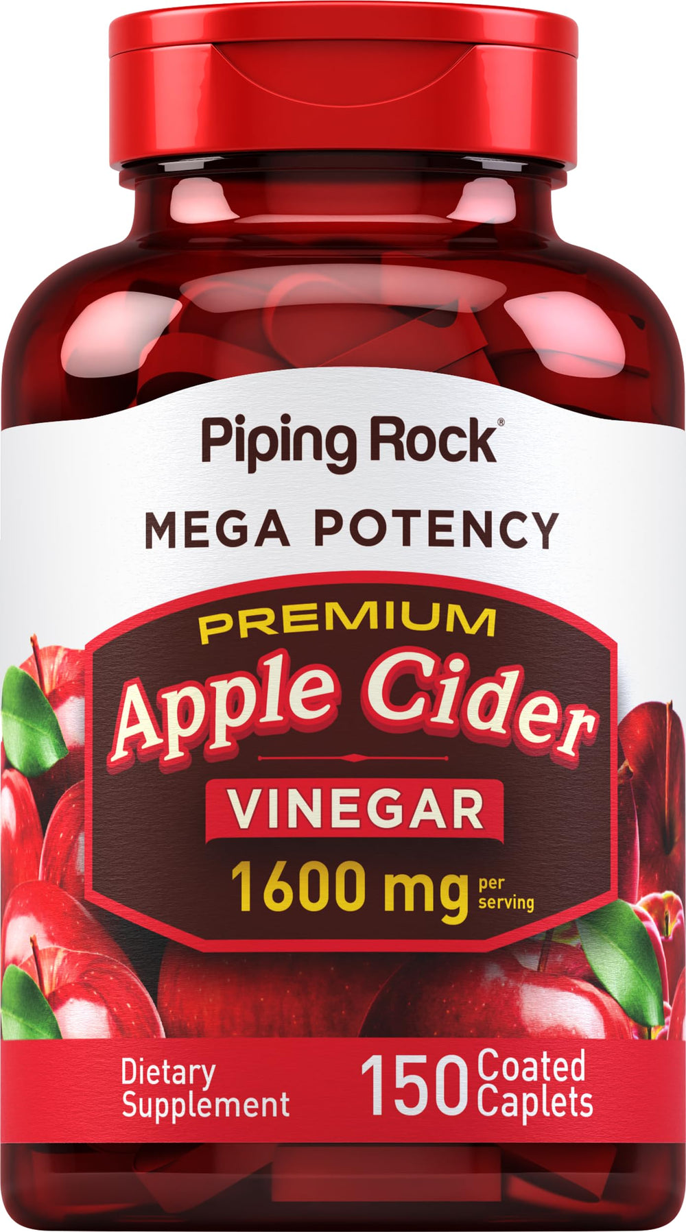 Piping Rock Apple Cider Vinegar caplets bottle front showing high potency 1600 mg for daily use