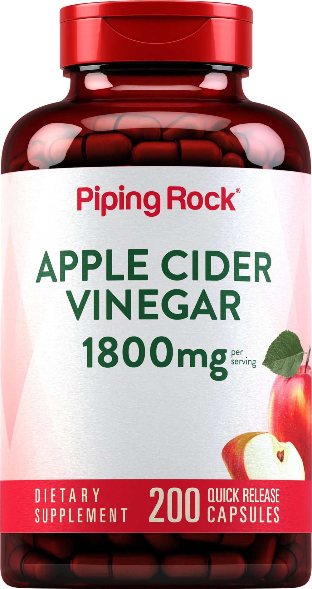 Piping Rock Apple Cider Vinegar Capsules bottle shows 1800 mg formula for daily wellness on the go.