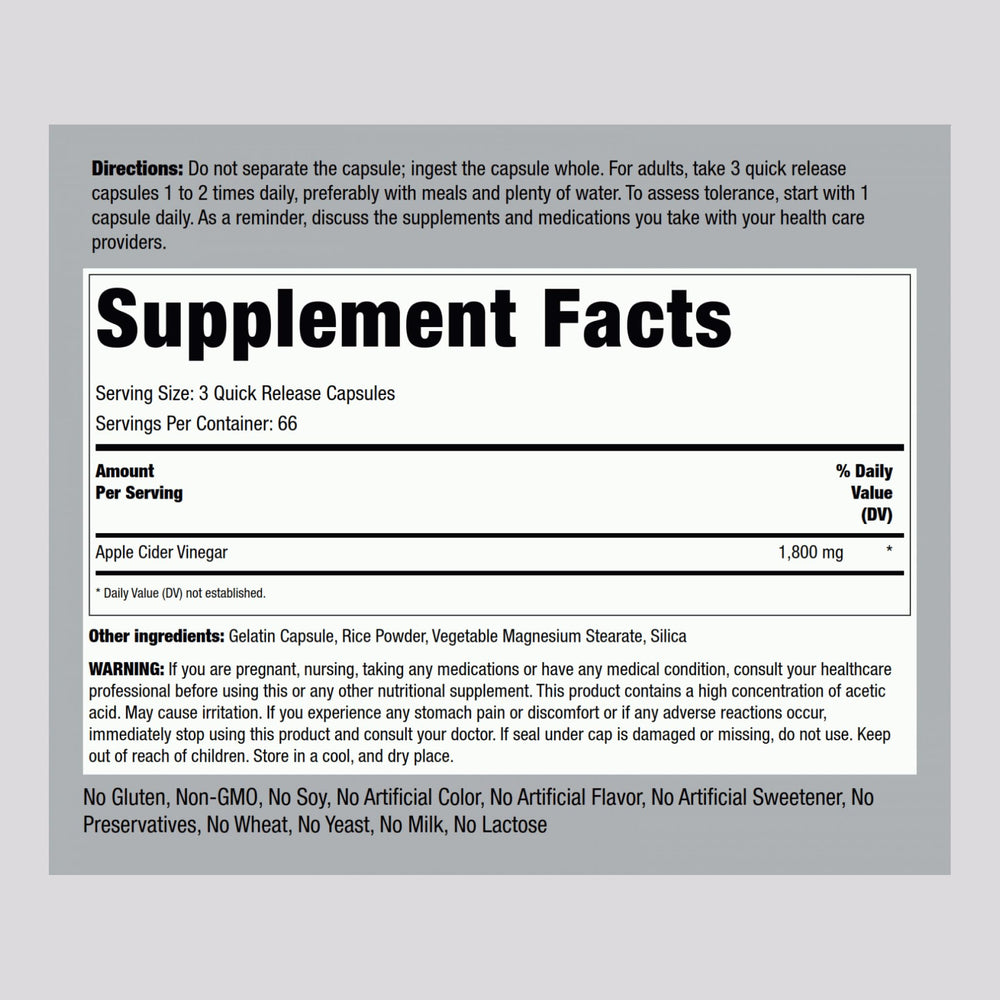 Piping Rock ACV capsules 1800 mg close-up showing easy, quick-release intake.