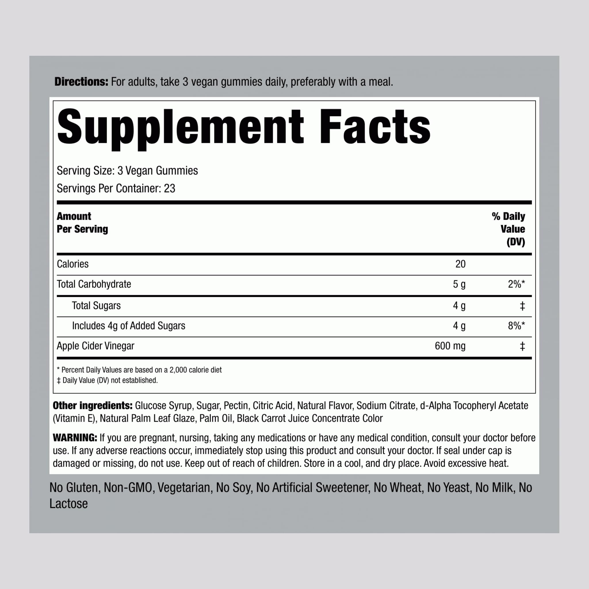 Piping Rock Apple Cider Vinegar Gummies bottle back label with ingredients and usage guidance.