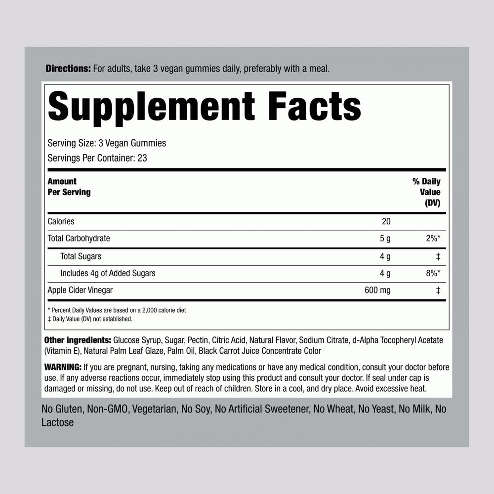 Piping Rock Apple Cider Vinegar Gummies bottle back label with ingredients and usage guidance.