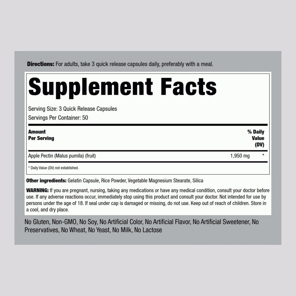 Piping Rock Apple Pectin Capsules bottle back, ingredient details and gluten free promise.